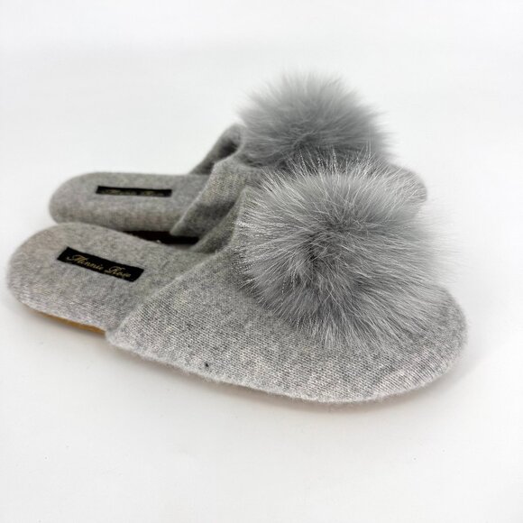 Minnie Rose Cashmere Pom Pom Slippers Grey Size S/M - Picture 1 of 8